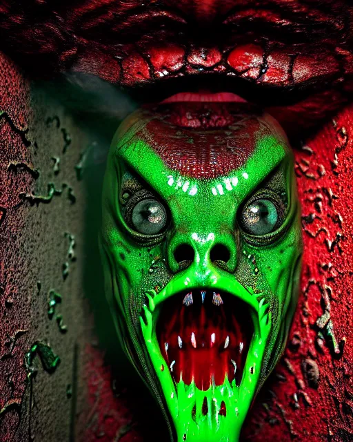 Prompt: realistic long textured tongue, demon wet humanoid alien, dripping green acid saliva, smoke, mouth in mouth in mouth, 4 large alien eyes, metallic reflective fangs, thin red veins, intricate grey snake scales ornate skin, cinematic light shadows, slimy reflections, crawling in a wet sewer pipe, flashlight lighting, insanely detailed