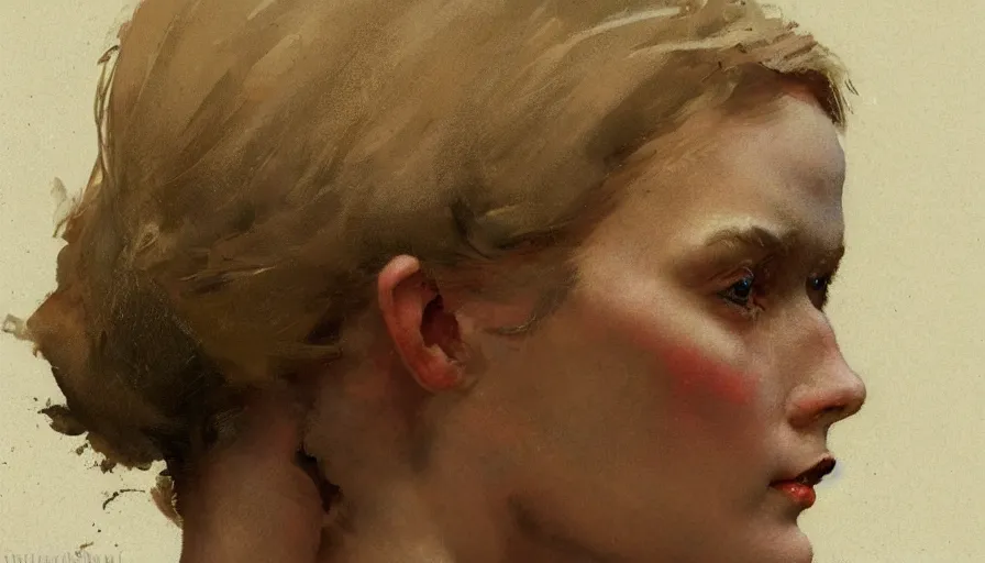 Image similar to norman rockwell, andrew wyeth, portrait of an young beautiful woman, close up of the face, hair, paint texture, 3/4 back view head, low contrast, highly detailed, sharp focus, digital painting, concept art, illustration, trending on artstation, portrait by greg rutkowski