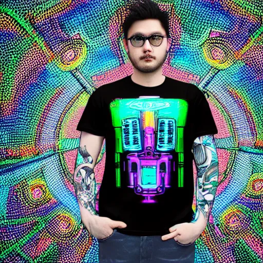 Prompt: mockup of a black tshirt with a hyperdetailed portrait of a cyberpunk robot by hajime sorayama, 8 k, symetrical, flourescent colors, happy trippy mood, multicolored,