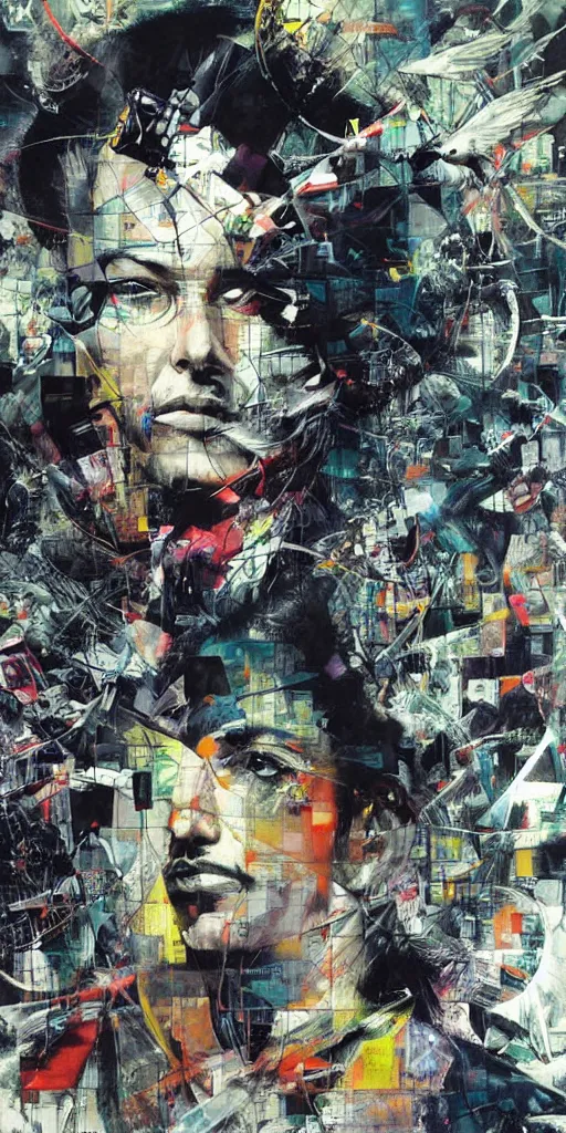 Image similar to a daydreaming hacker under progressive rasterization is surrounded by digital birds, neon virtual networks, and information visualization, oil on canvas by dave mckean and yoji shinkawa