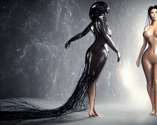 Image similar to epic full body shot still of kim kardashian unconscious wearing a black lace dress trapped in a transparent alien liquid, wet flowing hair, gooey skin, illustration, unreal engine 5, 8 k, made by h. r. giger.