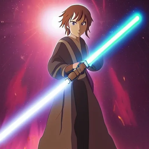 Image similar to a young jedi woman with a lightsaber, from studio ghibli!!!'s star wars anime, sci - fi, animation