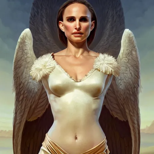 Prompt: wide angle full body portrait of Natalie Portman as an angel with a perfect face and perfect body, intricate, highly detailed, digital painting, artstation, concept art, smooth, sharp focus, illustration, Unreal Engine 5, 8K, art by artgerm and greg rutkowski and alphonse mucha