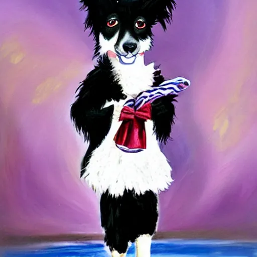 Image similar to a border collie dressed as a woman doing a fashion show in a theater, the audience consists of dogs, acrylic painting p