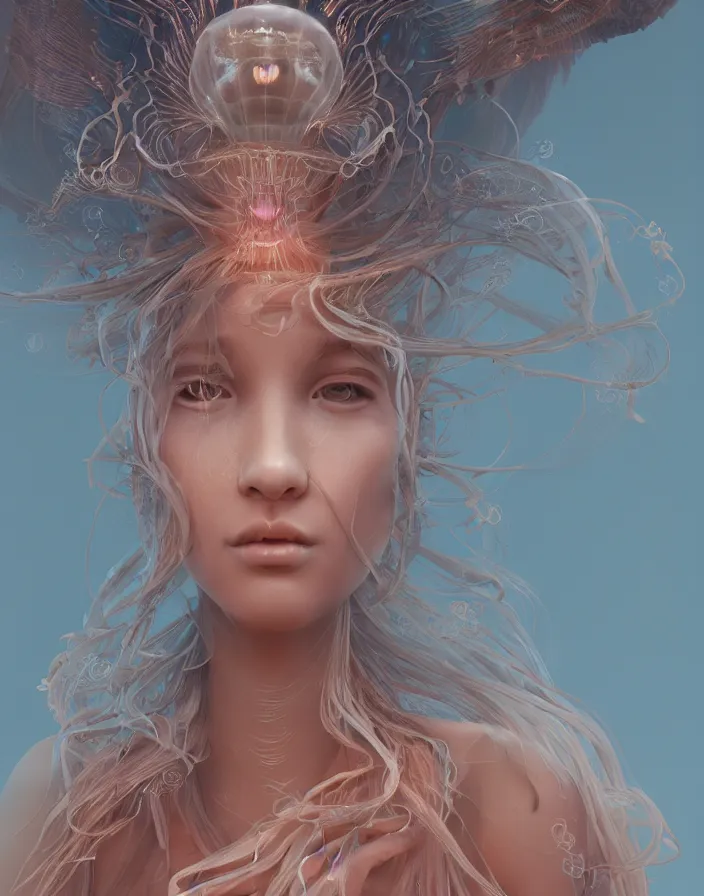 Image similar to goddess portrait. jellyfish phoenix head. intricate artwork by Tooth Wu and wlop and beeple. octane render, trending on artstation, greg rutkowski very coherent symmetrical artwork. cinematic, hyper realism, high detail, octane render, 8k