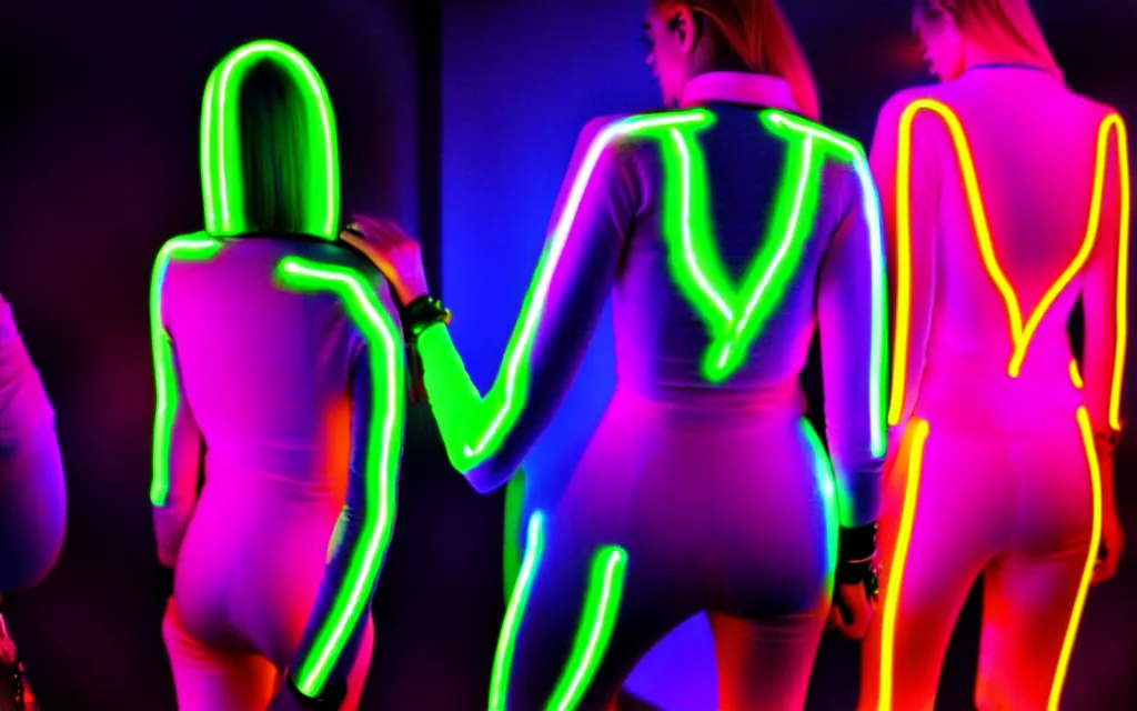 Image similar to love, diverse neon cybersuits, from behind, wide wide angle, vivid, elaborate, highly detailed, beautiful lighting