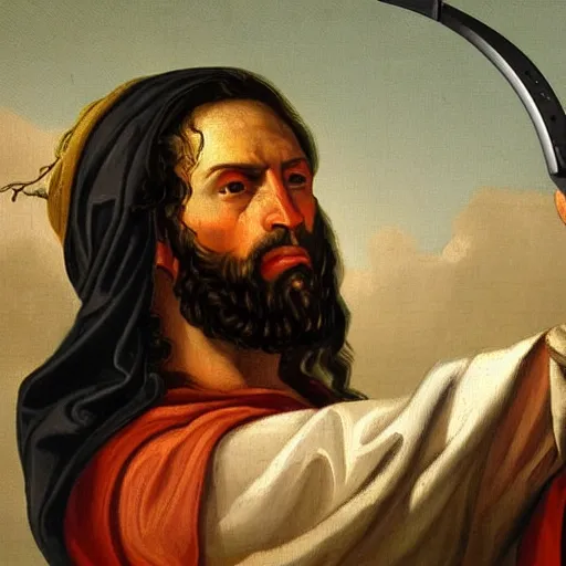 Image similar to 18th century painting of angry looking Jesus with a headset on holding a xbox controller