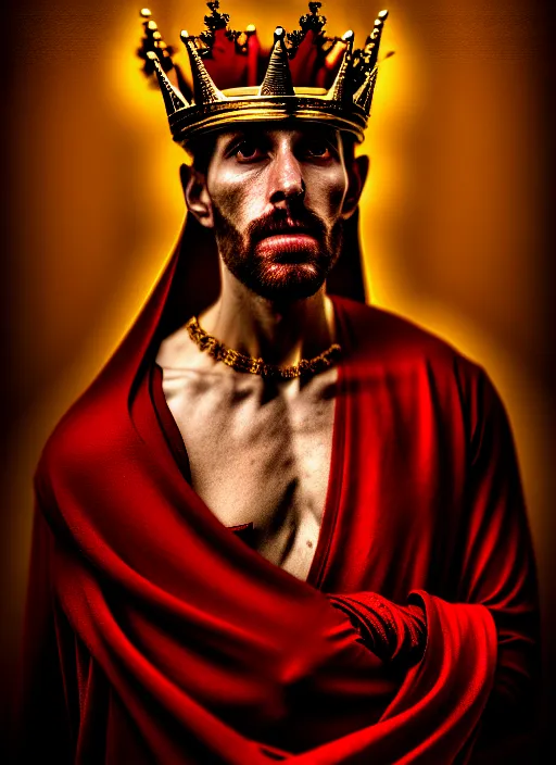 Image similar to 'Portrait of Crowned King Arthur' by Lee Jeffries royally decorated, whirling plasma, atmospheric motes, red and gold Sumptuous garb, gilt silk fabric, radiant colors, fantasy, perfect lighting, studio lit, micro details,