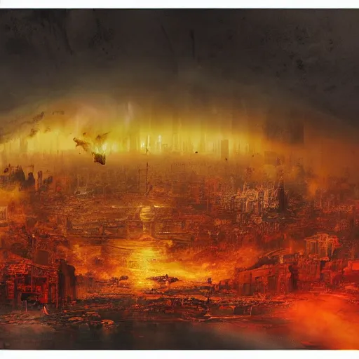 Prompt: A beautiful digital art of a city in ruins. The dominant colors are yellows, oranges and reds, giving the impression of a fiery, destroyed landscape. In the center of the image is a large, looming spaceship, adding to the feeling of unease and despair. platinum, double exposure by Paul Fusco, by J.C. Leyendecker tired, dull