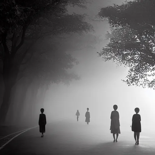 Image similar to people going to their office walking on wide side road,misty morning with long shadows,fan ho photography