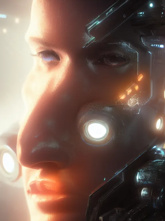 Image similar to portrait art of a cpu cyborg 8 k ultra realistic, lens flare, atmosphere, glow, detailed, intricate, full of colour, cinematic lighting, trending on artstation, 4 k, hyperrealistic, focused, extreme details, unreal engine 5, cinematic, masterpiece