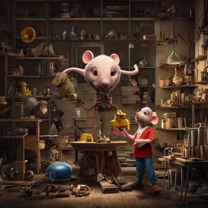 Image similar to crew of workers building giant mouse movie prop head in quaint workshop, octane render, 4 k ultra hd, hyper - detailed, realistic, seedy lighting, sharp focus, in style of beeple