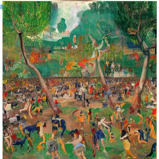 Prompt: 50 GTA NPC's dancing in the garden of eden, happy, painted by Asger Jorn, 8k, Peter Doig, abstract oil paint with thick brushstrokes of paint, ultra detailed, realistic, small spot of thick melting paint drips all over