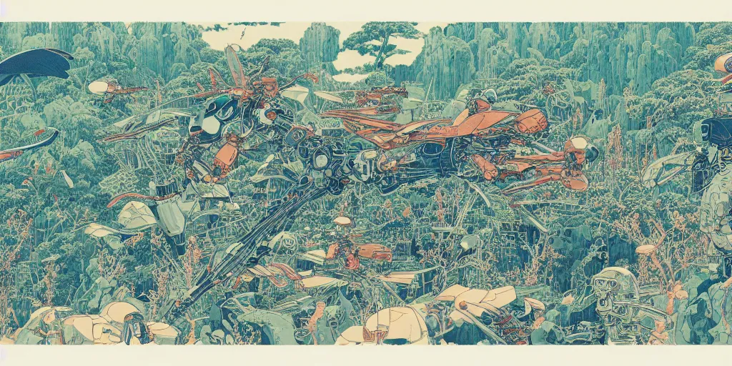 Image similar to gigantic dragonflies, tiny robots, a lot of exotic mecha robots around, human heads everywhere, risograph by kawase hasui, satoshi kon and moebius, 2 d gouache illustration, omnious, intricate, swimming pools and ice, fullshot