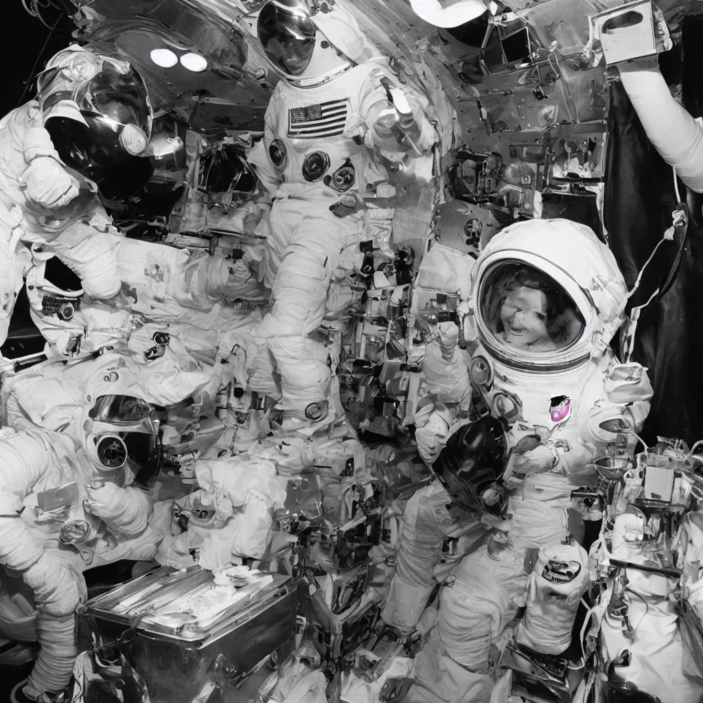 Prompt: hungry nasa astronaut queueing at a hot dog stand on the moon. from nasa history images archive