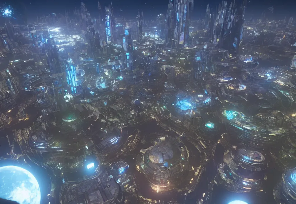 Prompt: a city made of holographic metal in a floating island in space, cinematic, unreal engine 5