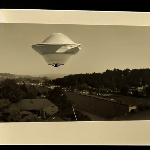 Prompt: vintage photo of a UFO hovering above eureka california