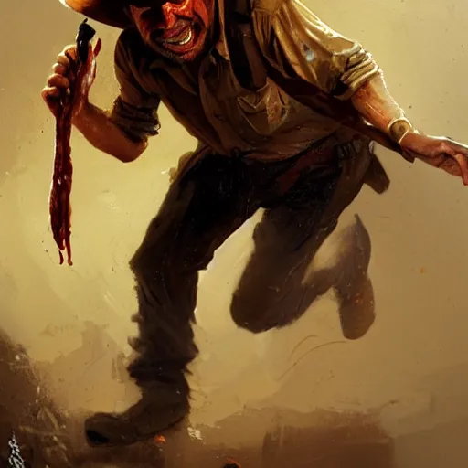 Image similar to close up indiana jones stealing a pepperoni pizza, its sloppy wet and gross, that is on a pedastal painted by greg rutkowski