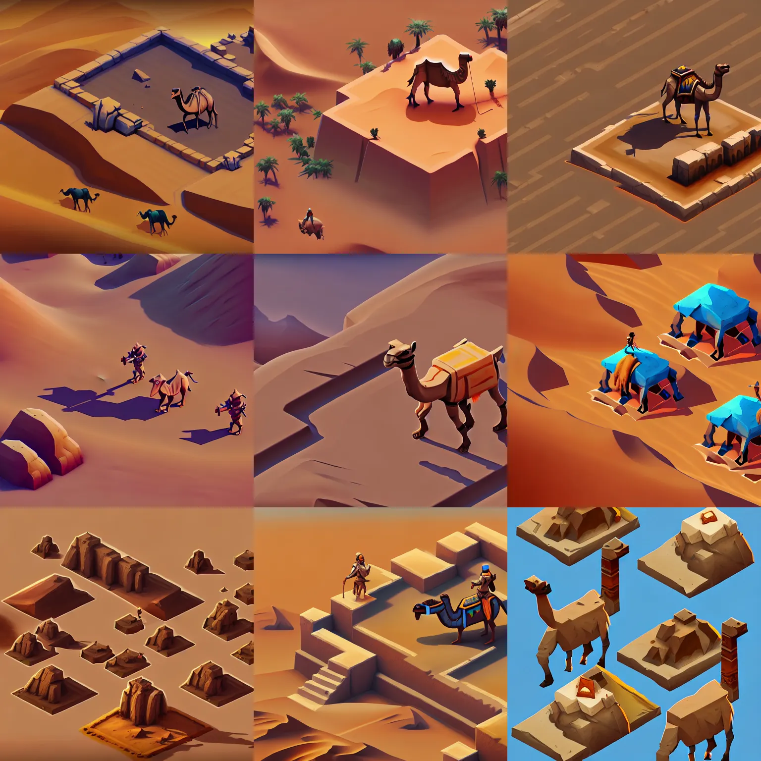 Prompt: isometric game asset of camel in desert, detailed paintings, artgerm, stylized, smooth, kitbash, arcane, overwatch, many color scheme, 8 k, isometric viewpoint