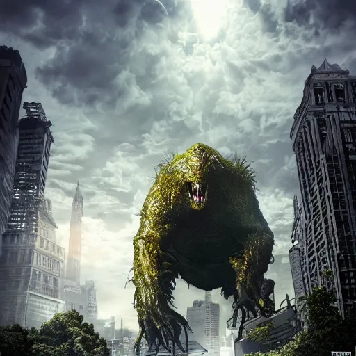 Image similar to a large, hideous monster looming over a city, scary, photorealistic