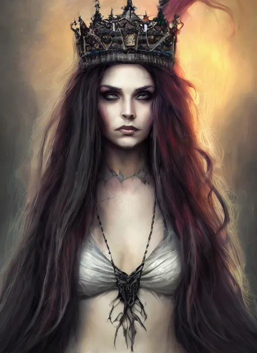 Image similar to mysterious dark and beautiful witch with long hair and a crown, fantasy, medieval, vivid colors, fantasy, elegant, concept art, sharp focus, beautiful face!!, digital art, Hyper-realistic, 4K, Unreal Engine, Highly Detailed, HD, Dramatic Lighting by Brom, trending on Artstation