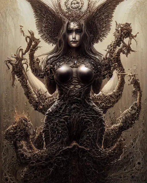 Image similar to full portrait of queen of the last hive, black metal shiny skin. intricate, elegant, highly detailed, centered, digital painting, artstation, concept art, smooth, sharp focus, illustration, artgerm, tomasz alen kopera, peter mohrbacher, donato giancola, joseph christian leyendecker, wlop, frank frazetta