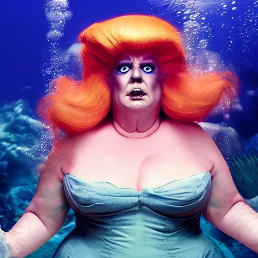 Image similar to Trump as Ursula the sea witch underwater, 8k, professional photography, cinematic shot, dark, smoke