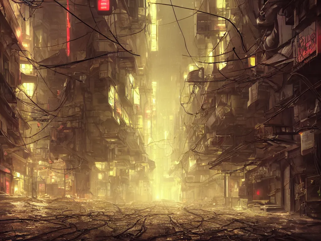 Image similar to ground in futuristic dieselpunk narrow street, cable stone ground. lots hanging cables, tiny wires on the ground. garbage on the ground. rain. fog, haze, evening. led screens. neon signs. very sharp. cables on the ground. very messy. futuristic. photorealistic. artstation. anime. studio gimbli style. golden rate.