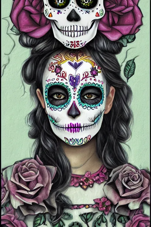 Image similar to Illustration of a sugar skull day of the dead girl, art by metzinger