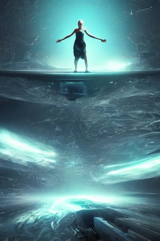 Image similar to letting go of reality and experiencing the quantum feild, matte painting comic book art, cinematic, highly detailed, realistic, beautiful cosmic neural network, octane render, unreal engine, depth of field, trending on artstation, sharp focus, improbable splashes of colors