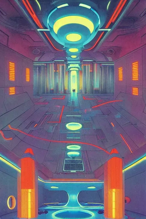 Image similar to 8 0 s art deco indoor spacestation with swimmingpool, robots, led screens, droids, neon sign, cinematic dramatic cyberpunk textural fluid lines otherworldly vaporwave interesting details fantasy lut epic composition by basquiat zdzisław beksinski james jean artgerm rutkowski moebius francis bacon gustav klimt