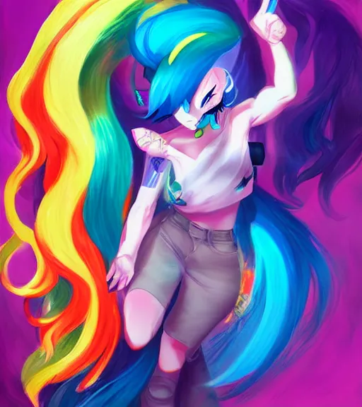 Image similar to ! dream humanized rainbow dash rocking out, art by stanley lau, artgerm, rossdraws, ross tran, sakimichan, cyarine, beautiful art