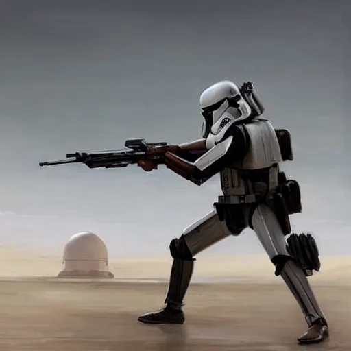 Image similar to an extremely long shot of an imperial stormtrooper in battle position ready to shoot his blaster concept art by Doug Chiang cinematic, realistic painting, high definition, very detailed, extremely high detail, photo realistic, concept art, the Mandalorian concept art style