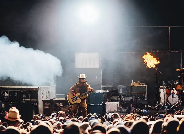 Prompt: photo still of smokey the bear on stage at vans warped tour!!!!!!!! at age 3 3 years old 3 3 years of age!!!!!!!! putting out a fire, 8 k, 8 5 mm f 1. 8, studio lighting, rim light, right side key light
