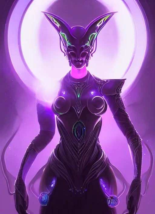 Image similar to portrait of an elf, eldar, aeldari, lady voidstar in full futuristic close fitting armor, glowing diagram of a pentagram and a star, intricate, elegant, purple, glowing lights, highly detailed, digital painting, artstation, concept art, smooth, sharp focus, illustration, art by wlop, mars ravelo and greg rutkowski