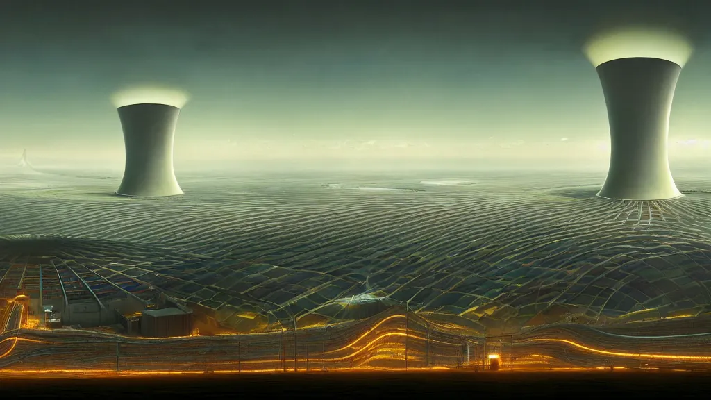 Image similar to Epic Clean Nuclear Plant emerge from the futurist utopia; by Oswaldo Moncayo and Vincent Callebaut; by Simon Stålenhag, oil on canvas; Art Direction by James Cameron; Location: Quito Ecuador 4K, 8K; Ultra-Realistic Depth Shading