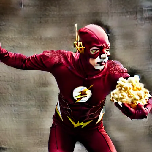 Prompt: photo of ezra miller as flash eating popcorn, national geographic, morning, daylight