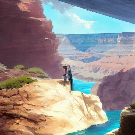 Image similar to concept art painting of a grand canyon with ocean inside, filled with water, with unfinished stone bridge under construction, realistic, detailed, cel shaded, in the style of makoto shinkai and greg rutkowski and james gurney