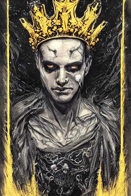 Prompt: Portrait of the Prince of Entropy wearing a crown, high fantasy, gothic, black paper, dark atmosphere, skulls, detailed, cinematic, ornate, tarot card, highly detailed, ink illustration, Guy Denning, Anato Finnstark, golden ratio, 8k,