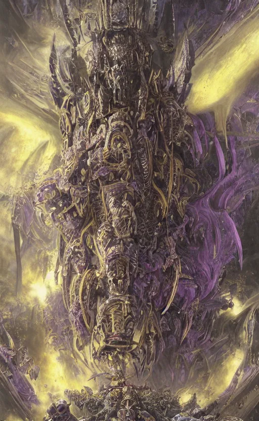 Image similar to epic omnious academic drawing of a heroic but corrupted wh40k heretic marine having his consciousness uploaded into iridescent warp by Slaanesh his Highness the chaotic androgynous deity in solemn golden and marble slaaneshite temple by James Gurney, Zdislaw Beksinski, Alex Gray, Greg Rutkowski, Robert McCall