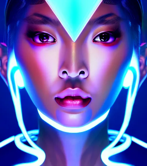 Image similar to symmetry!! asian princess of technology, solid cube of light, hard edges, product render retro - futuristic poster scifi, lasers and neon circuits, beautiful dark skin asian princess, intricate, elegant, highly detailed, digital painting, artstation, concept art, smooth, sharp focus, illustration, dreamlike, art by artgerm