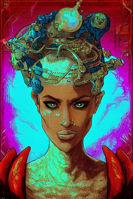 Prompt: portrait of jewel djinn dungeon master in the style of Rob Lefield and Dan Mumford , trending on artstation, digital art,surrealism ,macro,blueprint ,vaporwave ,