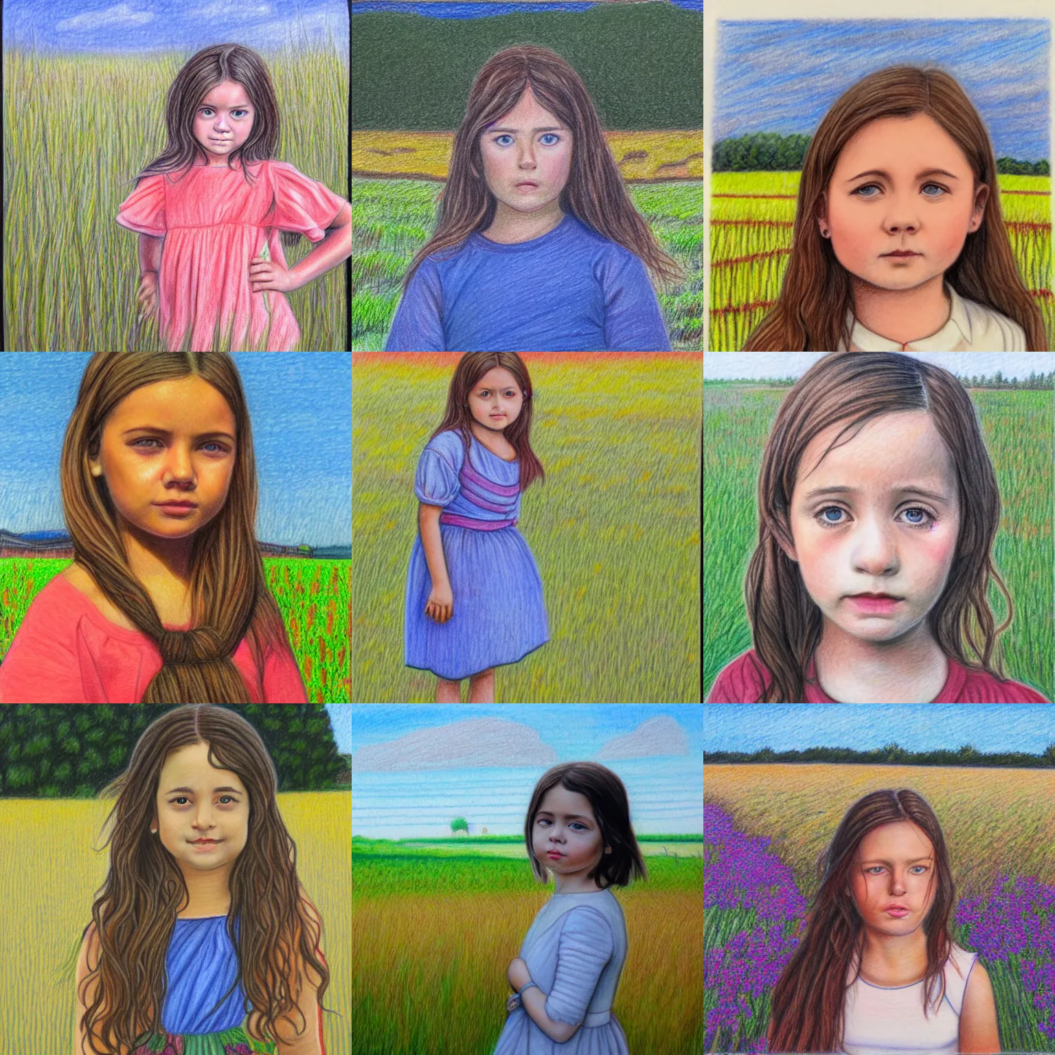 Prompt: portrait colored pencil drawing of girl standing in field looking at camera. excited