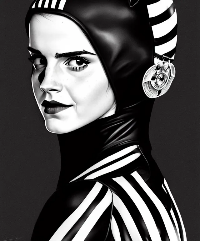 Image similar to a detailed fifty mm portrait of emma watson as a catwoman in a black adidas track suit with white stripes, highly detailed, digital painting, artstation, concept art, sharp focus, cinematic lighting, illustration, art by met mangindaan, artgerm and greg rutkowski, alphonse mucha, cgsociety