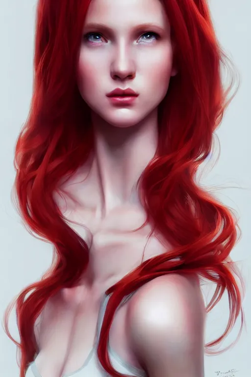 Image similar to beautiful cute red haired joyful and playful 1 9 year old maiden standing up, long hair, sci - fi, fantasy, intricate, elegant, digital painting, artstation, concept art, smooth, sharp focus, 8 k frostbite 3 engine, ultra detailed, art by artgerm and greg rutkowski and magali villeneuve