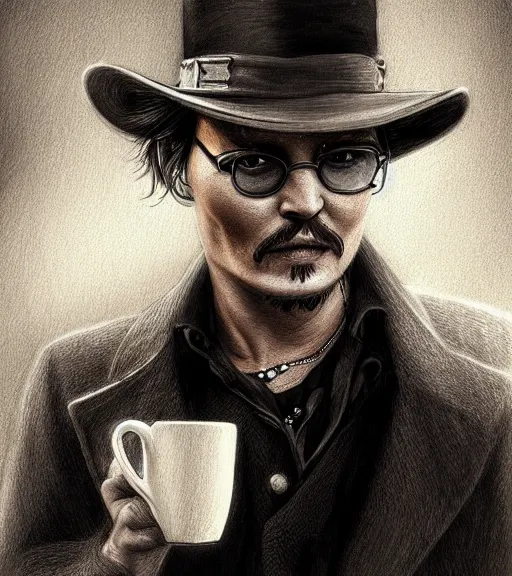 Image similar to Portrait of Johny Depp drinking coffee, in the park, charchoal drawing, dimly lit, wispy smoke, intricate, highly detailed, digital painting, artstation, concept art, sharp focus, illustration, art by einar jonsson