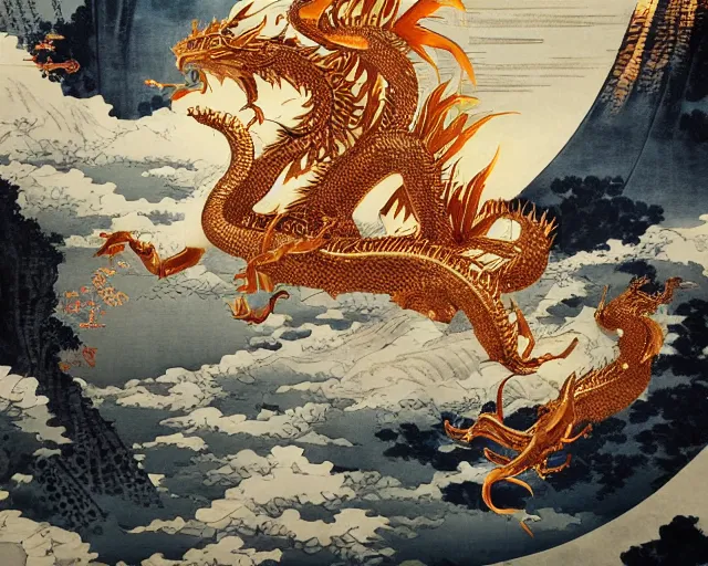 Prompt: a chinese - inspired poster depicting a golden dragon, epic, legendary, cinematic composition, stunning atmosphere ， by katsushika hokusai, pete mohrbacher, yoji shinkawa + gothic illustration + trending on artstation + intricate details - h 1 0 2 4