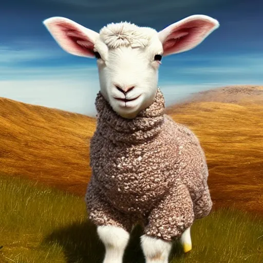 Image similar to lamb wearing a sweater, canon portrait, full body shot 4k, hills in the background, symmetry!!, coherent, photorealistic, cold colors, Scotland artstation,