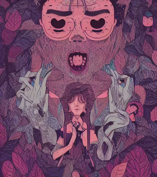 Image similar to portrait, nightmare anomalies, leaves by miyazaki, violet and pink palette, illustration, kenneth blom, mental alchemy, james jean, pablo amaringo, naudline pierre, contemporary art, hyper detailed