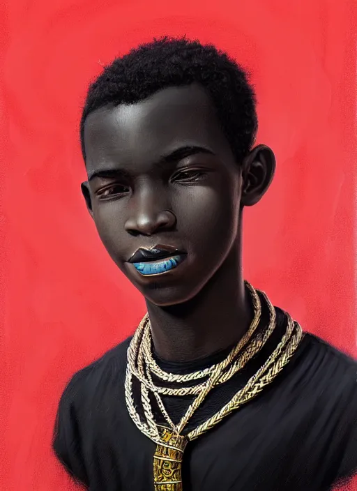 Image similar to portrait of a african teen boy with a crooked nose and a confident expression, 1 9 6 0 s, black clothes, goth, punk, brightly coloured hair, funk, intricate, elegant, highly detailed, digital painting, artstation, concept art, smooth, sharp focus, illustration, art by wlop, mars ravelo and greg rutkowski